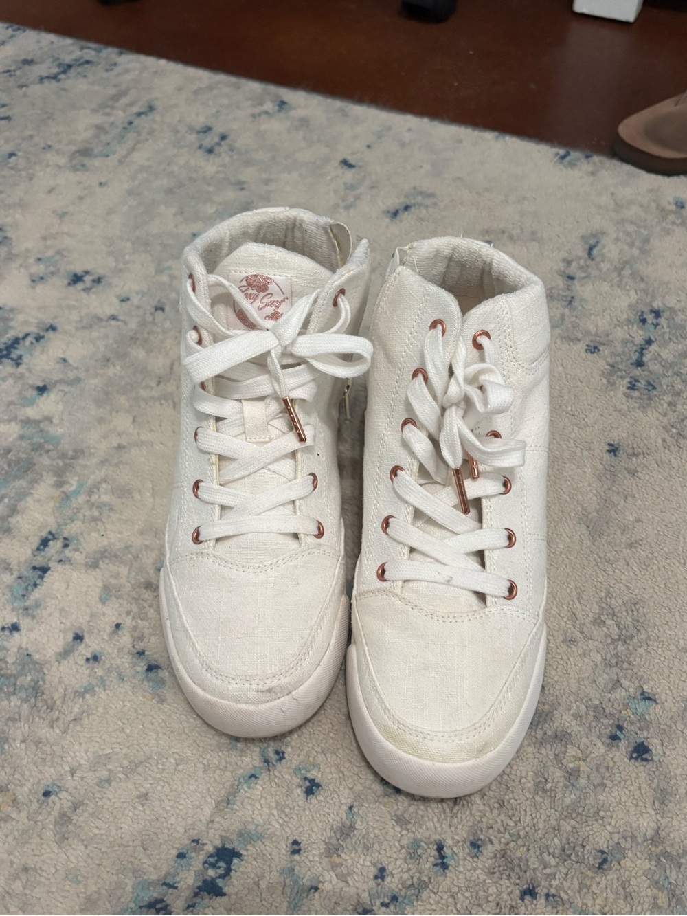 Women's White High-Top Casual Sneakers with Rose Gold Eyelets